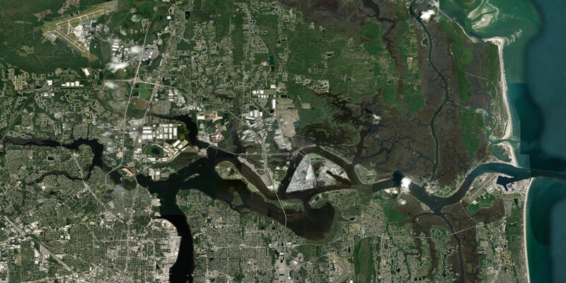 Satellite view of the coast near Dame Point