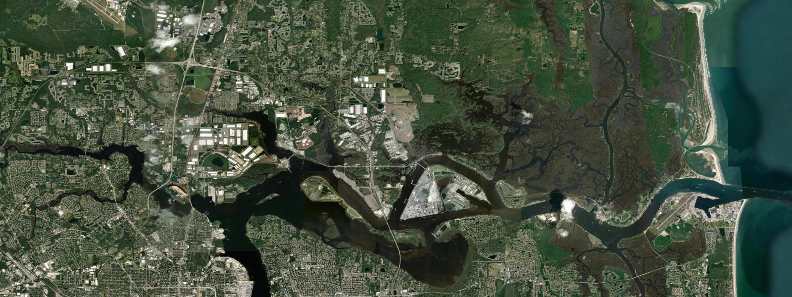 Satellite view of the coast near Dame Point