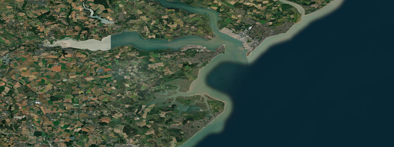 Satellite view of the coast near Felixstowe