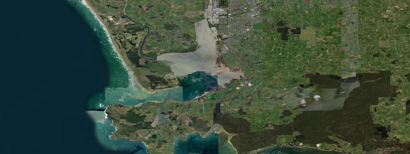 Satellite view of the coast near Oreti Beach, Invercargill