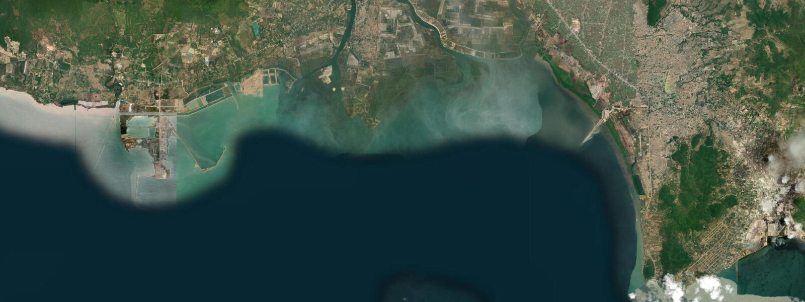 Satellite view of the coast near Kampot, Cambodia