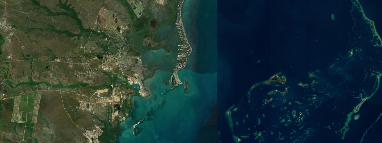 Satellite view of the coast near Placencia, Belize