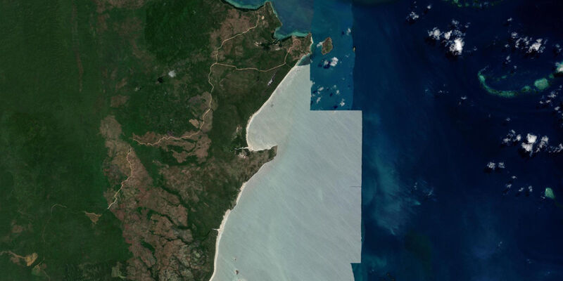 Satellite view of the coast near Restoration Island
