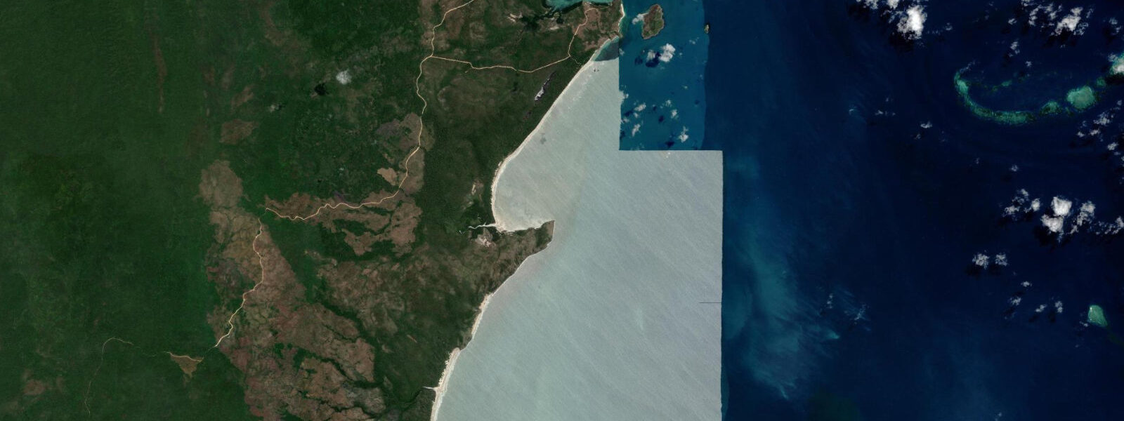 Satellite view of the coast near Restoration Island