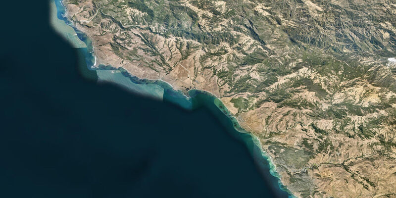 Satellite view of the coast near San Simeon