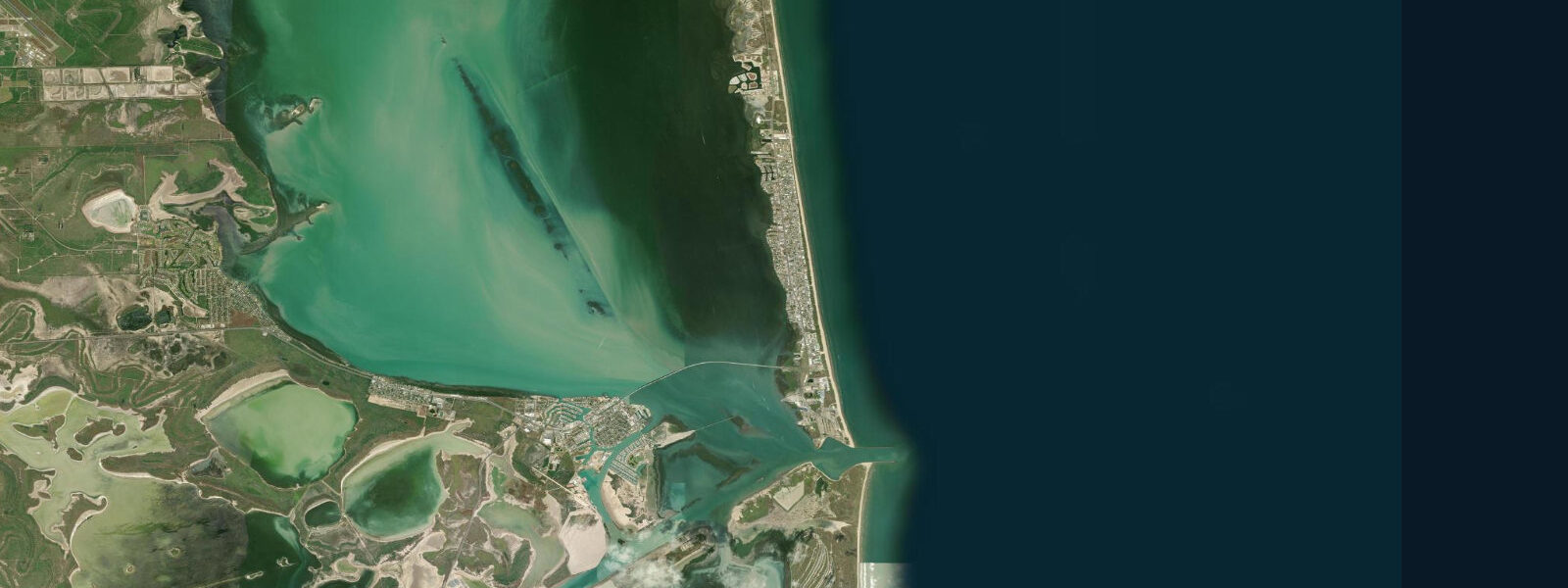 Satellite view of the coast near South Padre Island, TX